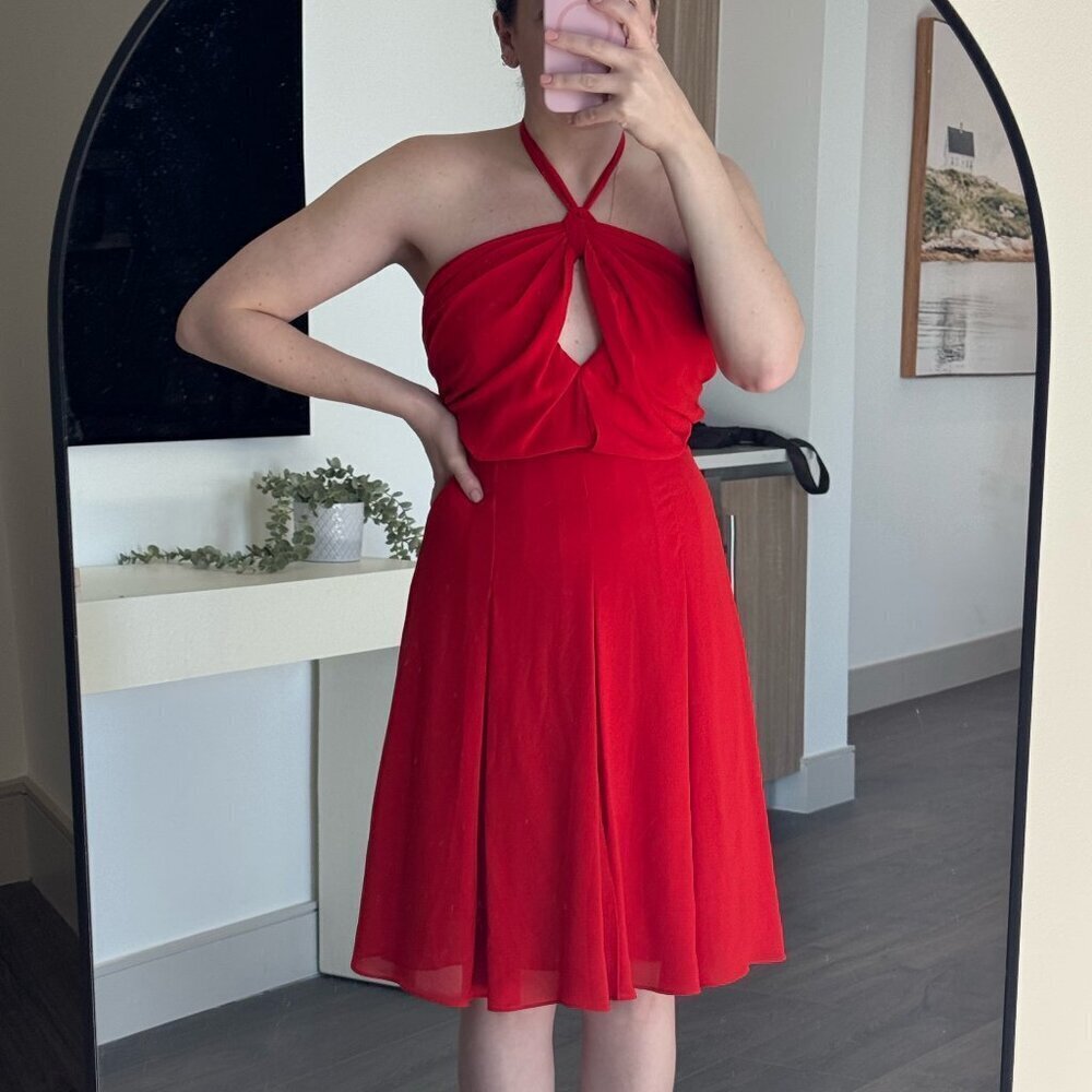 L'AGENCE Vibrant Red Halter Keyhole Midi Dress